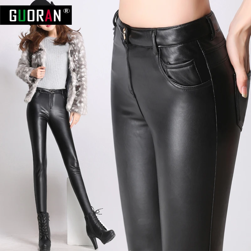 Causal women leather pants high waist skinny warm thicken patchwork office pencil pants female trousers leggings clothe 4XL