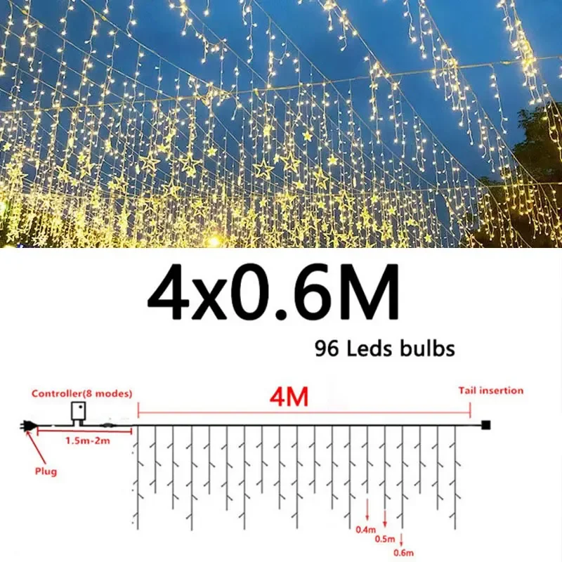 Lampu gantung ruangan colokan EU untuk dekorasi pesta kebun rumah lampu Natal tali peri es tirai Serpihan salju LED