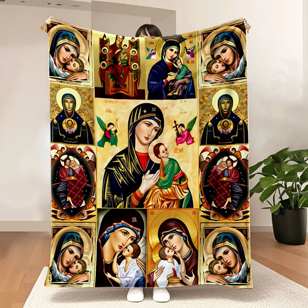 Orthodox Religious Icons Blanket - 9 Traditional Icons of Virgin Mary & Jesus, Gold/Fantasy Tones, Ornate Patterns, Perfect for