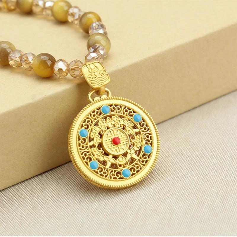 Kürbis Pullover Kette Nachahmung Tigerauge Stein Thangka Chaines Frau Persönlichkeit High-end-Gefühl Lange Halsketten Mode Schmuck – Detail 6