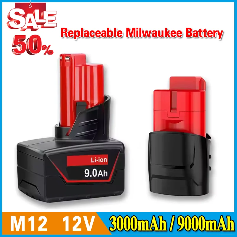 

12V Battery Replacement for Milwaukee M12 Battery 3.0/9.0Ah XC 48-11-2412 48-11-2440 Compatible with M12 Fuel MLW2553-20 2462-20