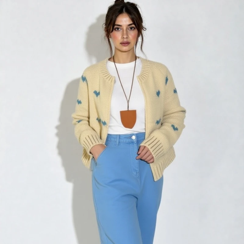 

Новый модный женский кардиган с длинными рукавами 2025, осенне-зимний повседневный свободный трикотаж на молнии с круглым вырезом, топ