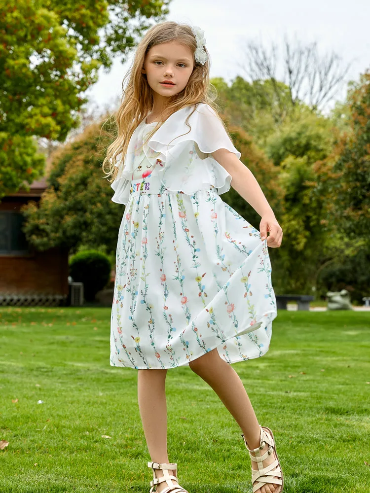 Girls Dresses Summer Floral Printed Ruffled White Princess Dresses