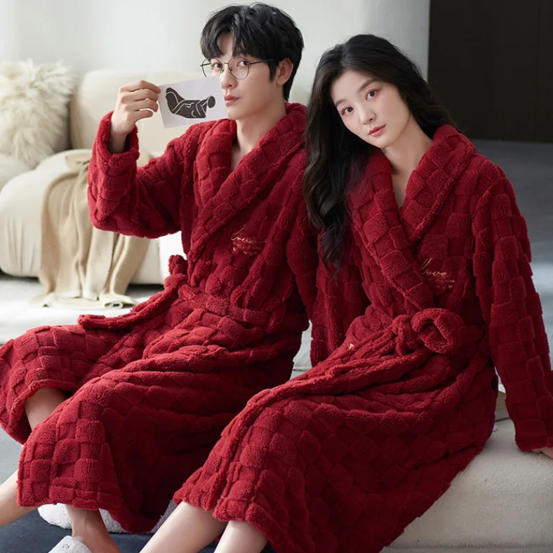 

Flannel Couple Pajamas Men's Large Coral Fleece Bathrobe Sleepwear Women's Autumn Winter Long Burgundy Wedding Home Clothes