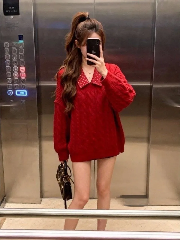 

Korean Sle Lazy Knitted Sweater Women's Loose Slimming Warm Soft Collar Faion Top Spring 2026 New Arrival
