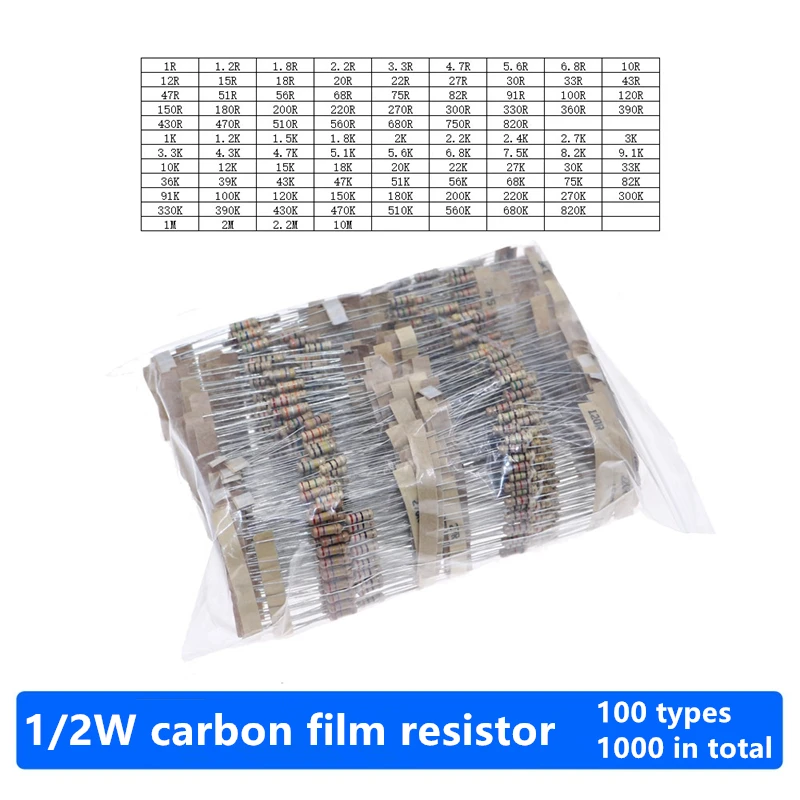 

1000 Pieces Of 100Types Of Carbon Film Resistor Pack 1/2W Direct Insertion Four-Color Ring Resistor Element Pack 10 Of Each Type