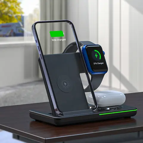 접이식 3 in 1 무선 충전기 스탠드 iPhone AirPods Pro Apple Watch용 다기능 고속 무선 충전기