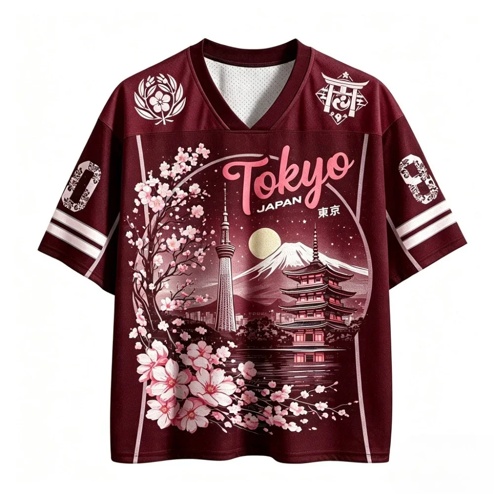 Tokyo Cherry Blossom Mount Fuji Breath Schnelltrocknendes 3D-Druck-T-Shirt mit V-Ausschnitt für Herren und Damen, Outdoor-Freizeitmode, Eltern-Kind-Kleidung – Detail 7
