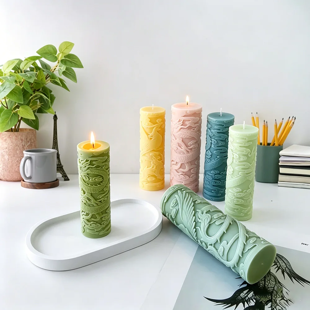 Dragon Phoenix Embossment Cylinder Candle Silicone Candle Mold Anaglyph Plaster Mould Candle Making Supplies