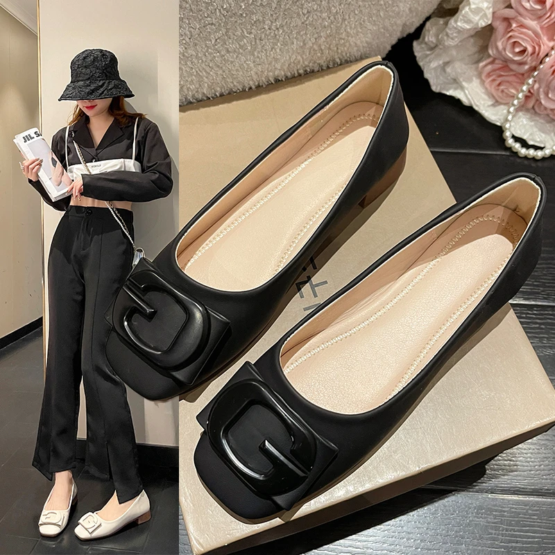 Female Fashion Sweet Golden Square Heel Pumps for Night Club Women Black High Quality Office Spring Shoes Womens Shoes