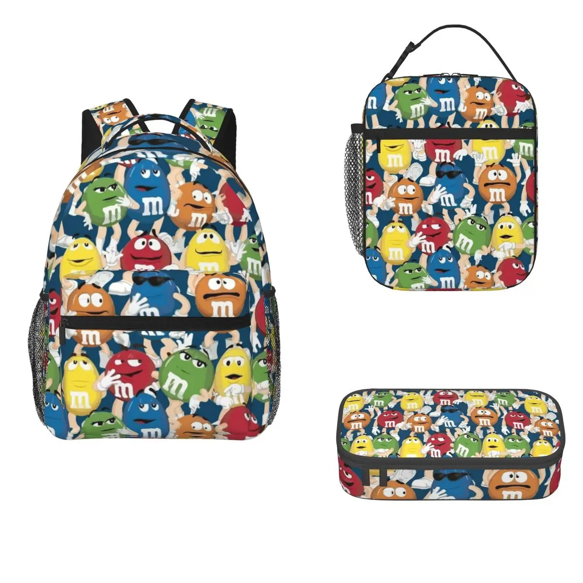 

New M And M Characters Backpacks Boys Girls Bookbag Children School Bags Cartoon Kids Rucksack Lunch Bag Pen Bag Three-Piece Set