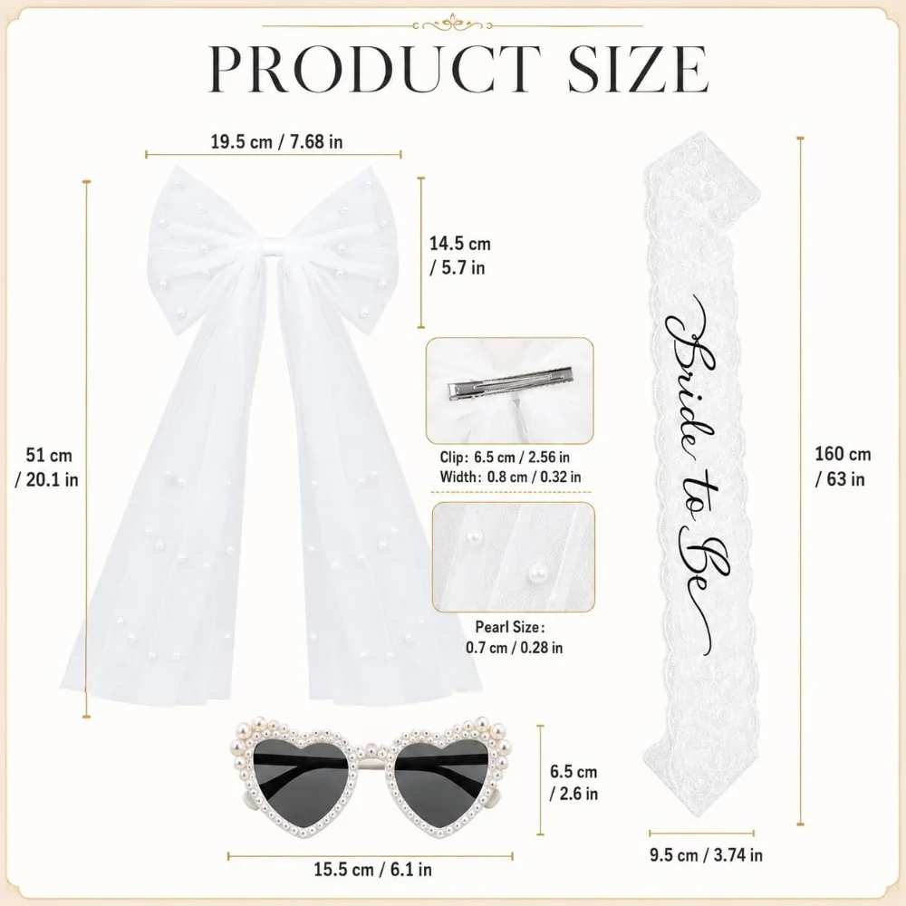 3-teiliges Braut-Set für Junggesellinnenabschied, Braut-Schärpe, Spitzen-Schleier, Perlen-Herz-Sonnenbrille für Brautparty, Hochzeits-Foto-Requisiten – Detail 5