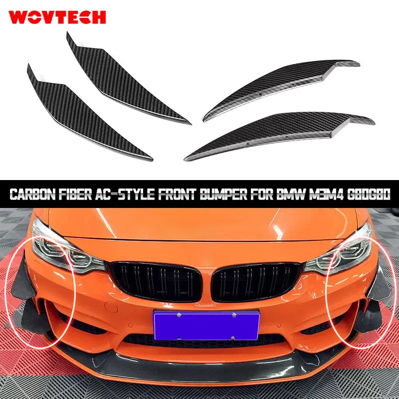 4PCS Dry Carbon Fiber AC-style Front Bumper Side Canard Wing Splitter Air Vent Fin for BMW M3M4 G80G80