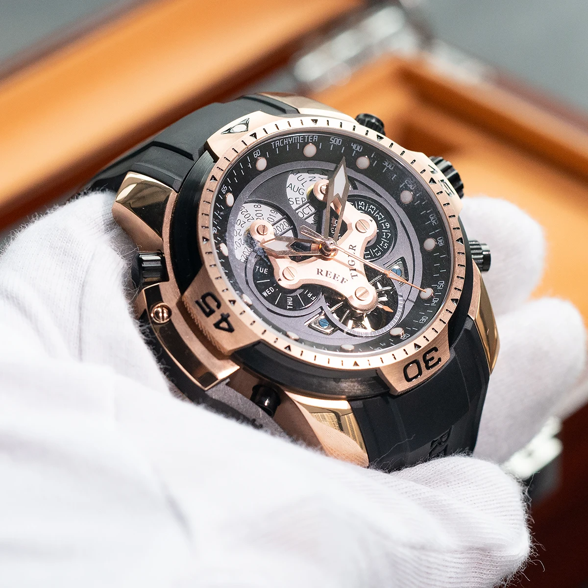 ريف تايجر/RT تريند ستايل أورورا مسدس ساعة أوتوماتيكية للرجال كاملة التقويم الغوص شريط مطاطي الميكانيكية Rejos RGA3503