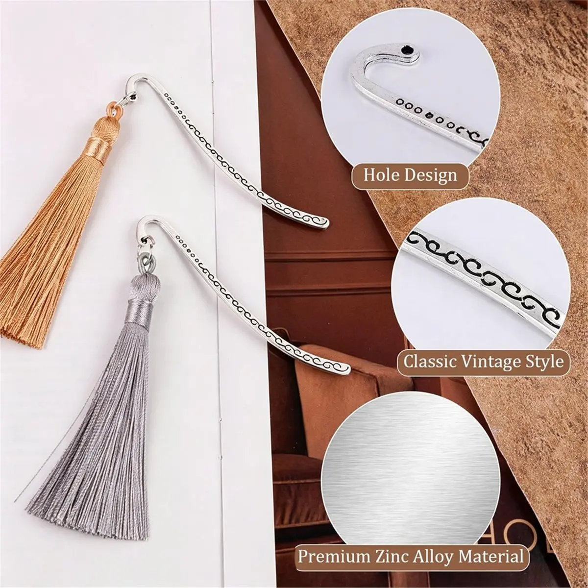 60pcs Metal Bookmark Hooks with Beaded Blanks, Vintage Retro Beading Line Tibetan Carving Pattern Alloy Hook Bookmarks