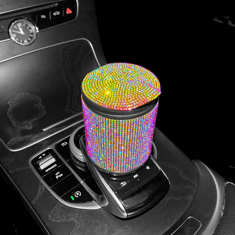 Diamond Car Use Ashtray,Inlaid Car Interior Ashtray with Cover and Multifunctional Binding, Car Interior with Cover LED Lights