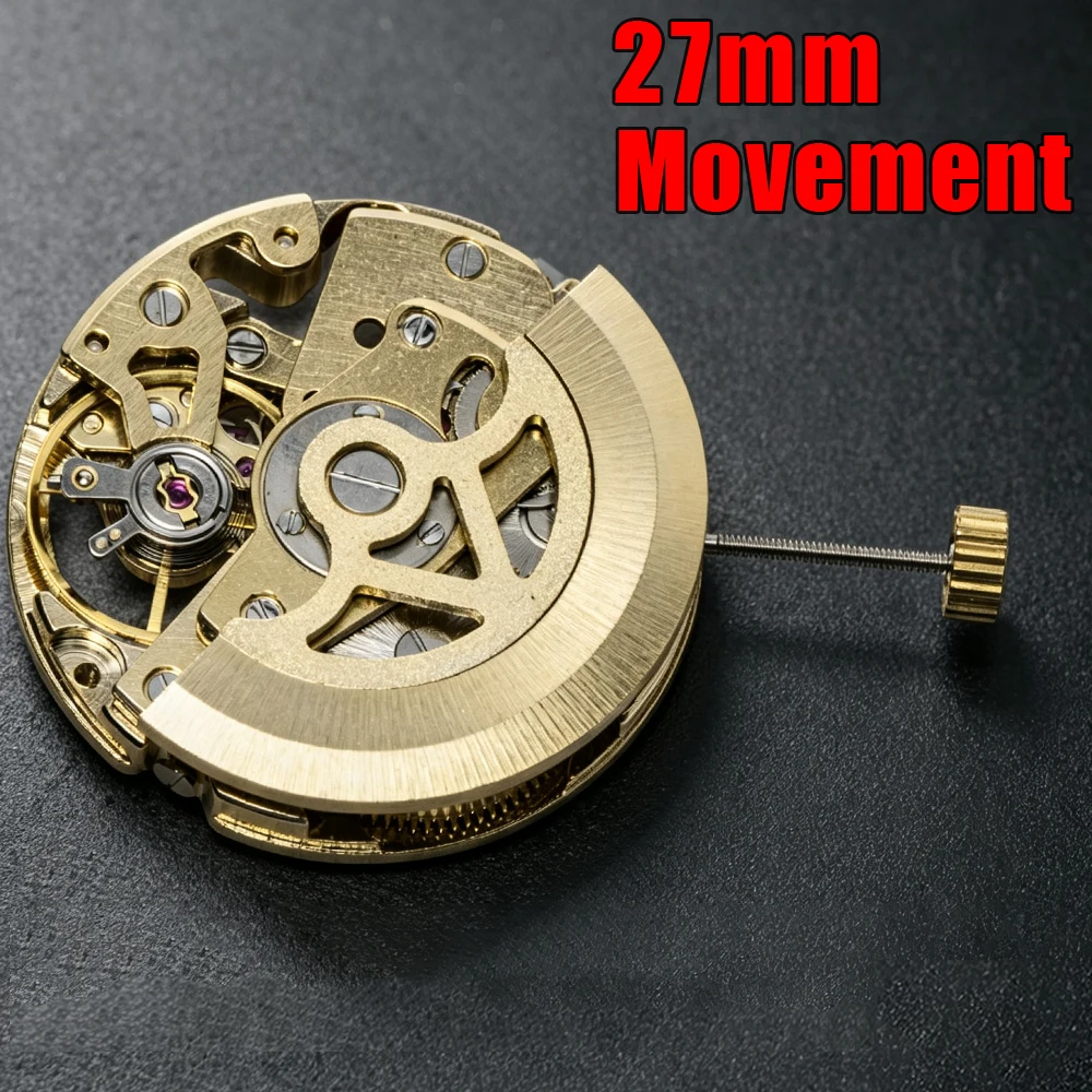 Gold Skeleton 27mm Watch Movement Single Calendar Automatic Mechanical Movement Adjustment Pendulum Watch 3 Hands for DIY Modder