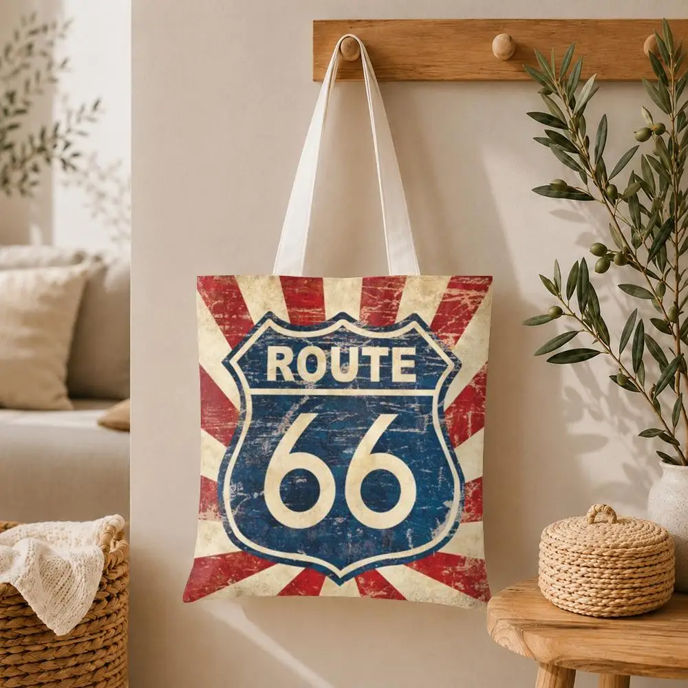 Classic Route 66 Storage Bags Large Capacity Canvas Tote Bag Double-Sided Print Shoulder Handbag for Daily Shopping