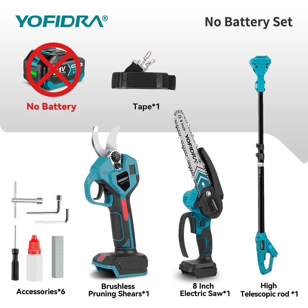 YOFIDRA 3IN1 Borstelloze Elektrische 8 Inch Kettingzaag + Schaar Telescopische Paal Hoge Tuin Snoeigereedschap Voor Makita 18V Batterij pin