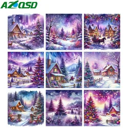 AZQSD 5D DIY Diamond Painting House Landscape Winter Rhinestones Cross Stitch Kits Embroidery Snow Christmas Decorative