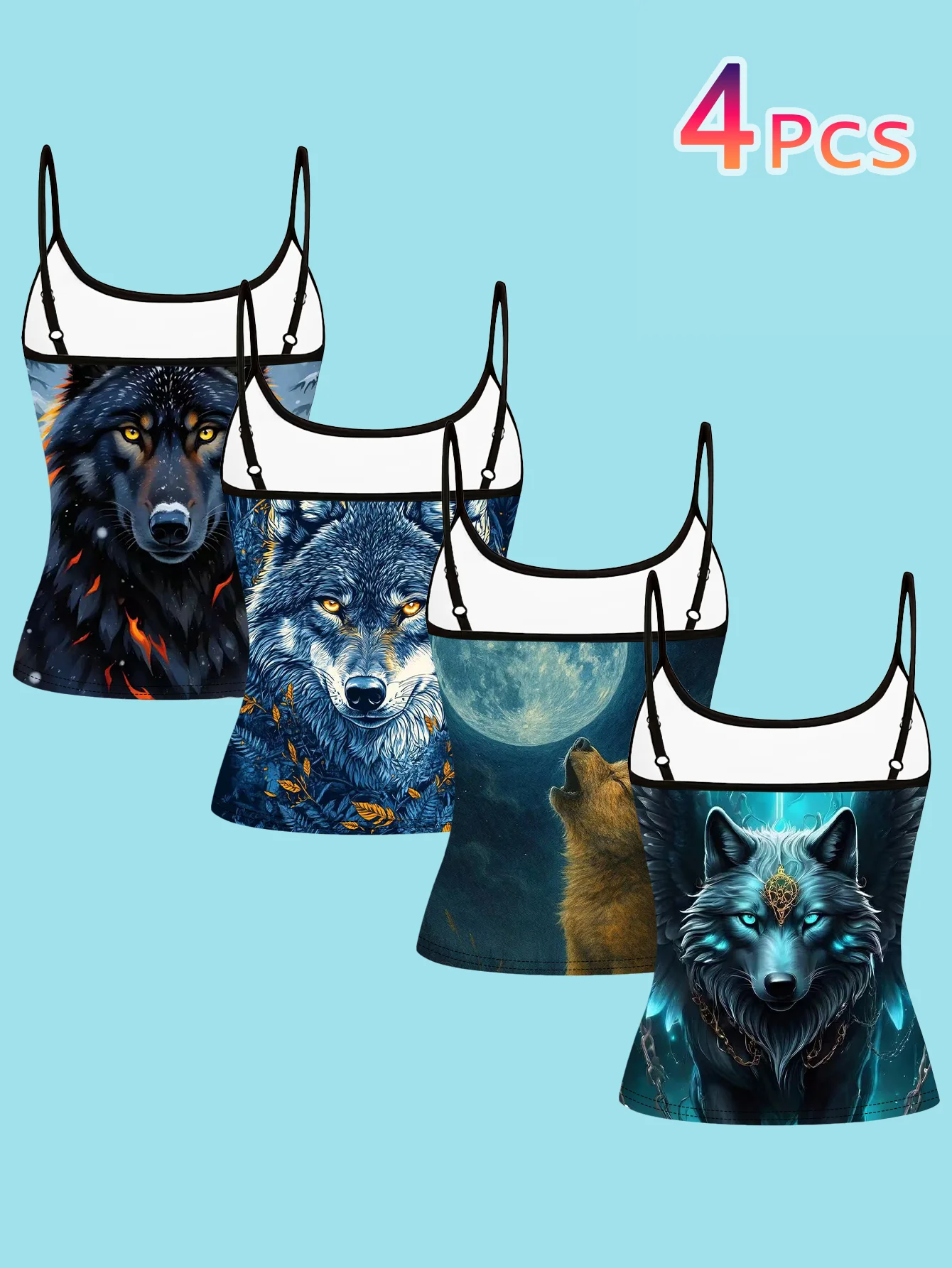 4-Piece Set of Women's Camisole with Wild Wolf Moon Night Print, Wolf Head, Full Moon, Flame Wings, Mysterious Style, Thin Straps, Slim Fit Inner Top