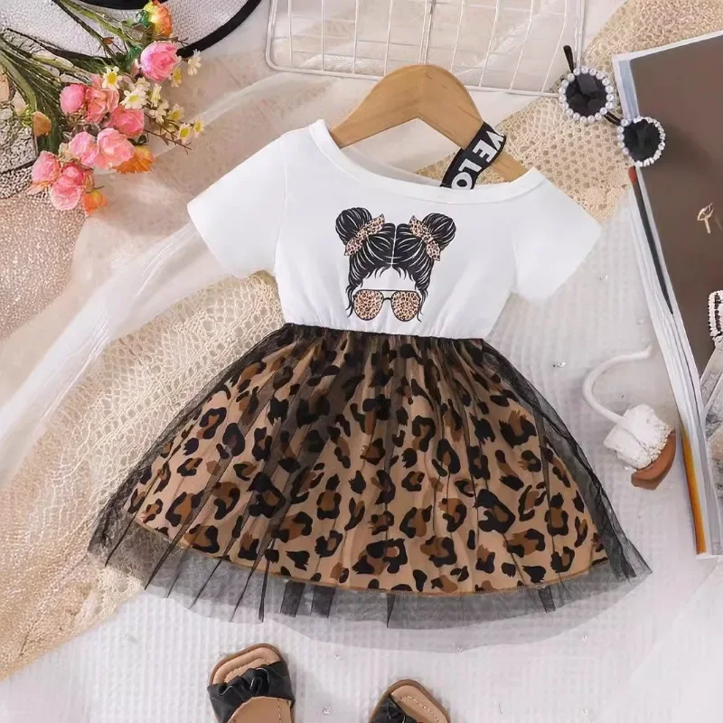 6M-3Y Summer Kids Girls Dress Short-sleeved High And Low Off-shoulder Halter T-shirt Patchwork Leopard Print Lace Children Skirt