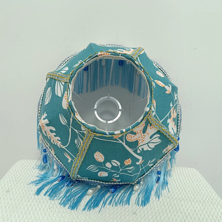 Vintage Blue Tassel Pearl Pendant Lampshade - Fresh Lake Blue Floral Lampshade E27 Lamp Socket Replacement Cover (No Base)