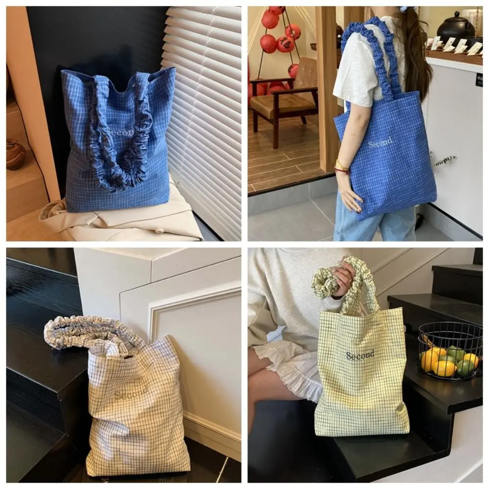 

Pleated Strap Plaid Shoulder Bag Large Capacity Japanese Style Checkered Canvas Handbag Blue Polyester Tote Cloth Bag Shopping