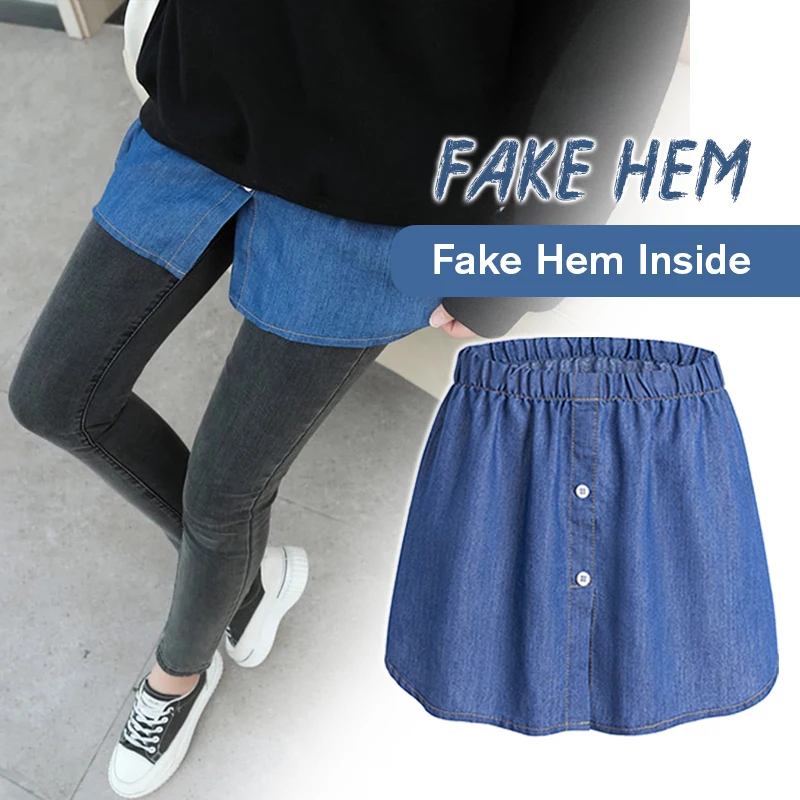 Vrouwen Chic Denim Valse Zoom Verstelbare Gelaagdheid Nep Top Lagere Sweep Rok Knoppen Onregelmatige A-lijn Half Shirt Rok Extenders