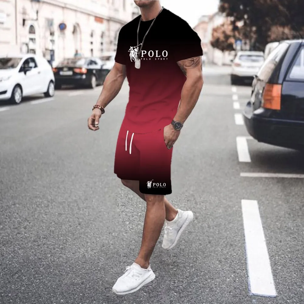 Men's Two-piece Set, Casual T-shirt With 3D Letter Patterns, Street Style, Fashionable Capri Pants Set