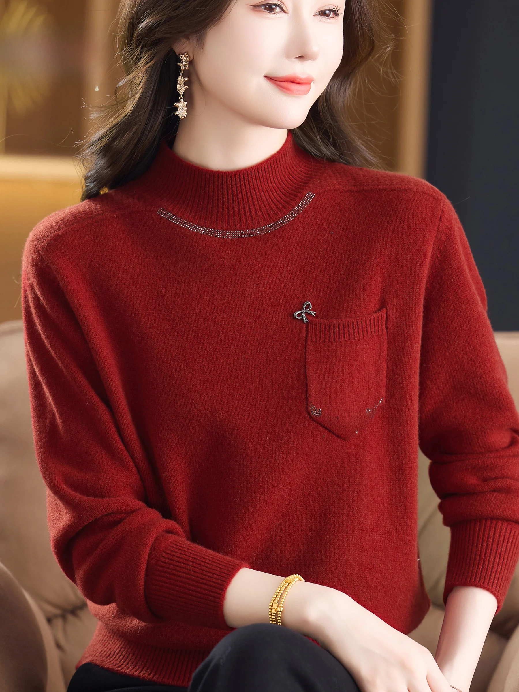

100% Pure Wool Thickened Loose Women's Sweater Half High Collar Autumn Winter Fashionable Slimming Young-looking Knitted Top