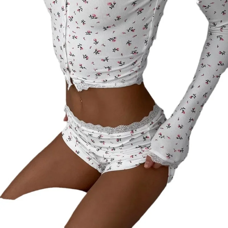 Nuevo conjunto de pijama con estampado Floral de estilo americano a la moda para mujer, Top ajustado de manga larga con cuello redondo y pantalones cortos, ropa de descanso