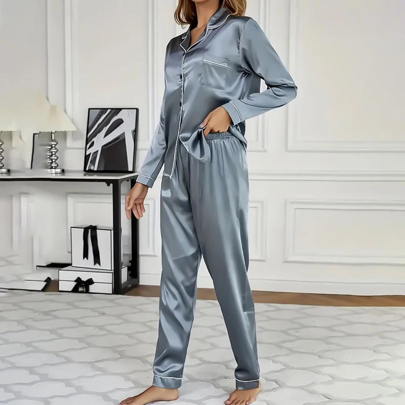 Women\'s Sleepwear Simple Satin Pajama Set Long Sleeve Buttons Lapel Top With Elastic Pants Loungewear Nightwear 2 Piece Nighty