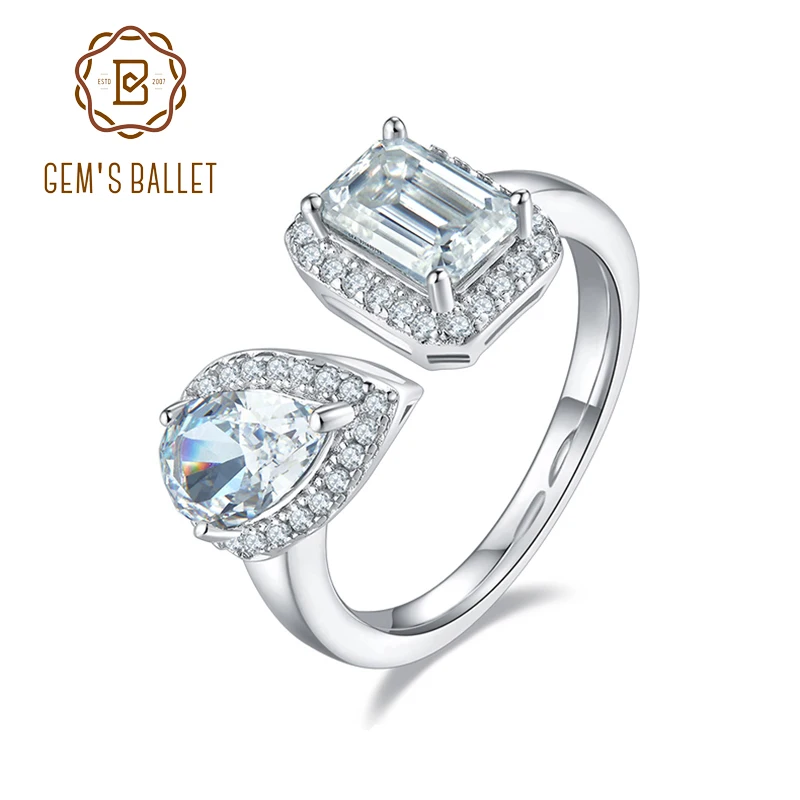 

GEM'S BALLET Emerald Cut Moissanite With Pear Cut High Carbon Diamond Ring Toi Et Moi Halo Engagement Ring in925 Sterling Silver