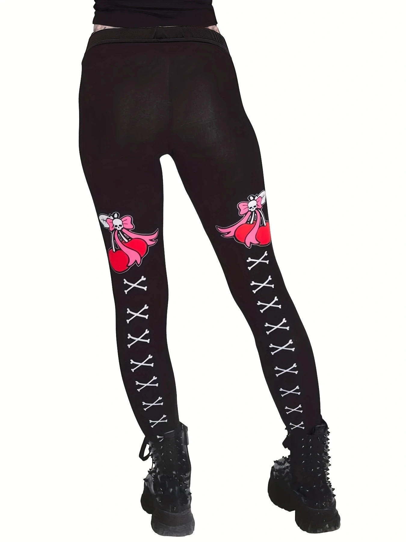 Cherry Print Leggings From Europe And The United States For Women With Dark Gothic Style Nine-quarter Pants Black Tights