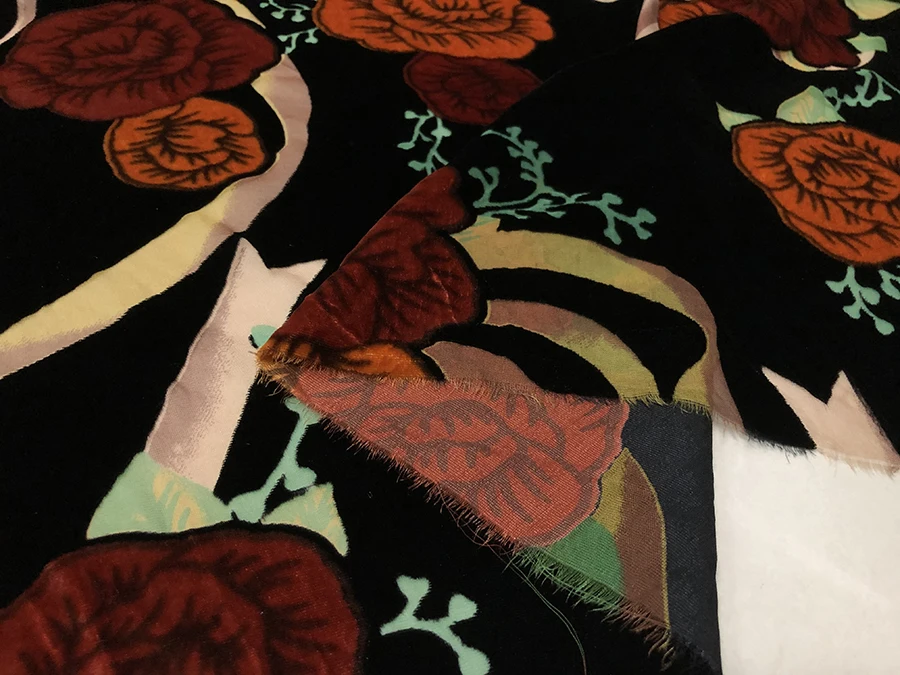 High Quality Real Silk Velvet Fashion Cloth Black Background Orange Large Flower Hollow Etched-out Designer Fabric Dress