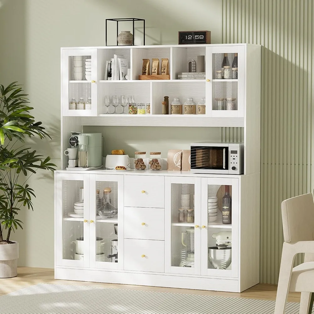 

Large Kitchen Hutch Cabinet, Kitchen Pantry Storage Cabinet with 6 Glass Doors, 3 Drawers & Microwave Shelf, Freestanding