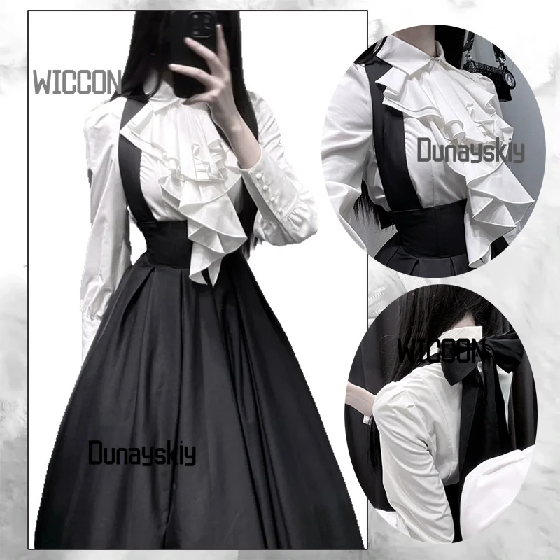 

Лолита ремень готический рукав-фонарик с длинным рукавом рубашка юбка комплект женские костюмы для косплея японский Jirai Kei элегантный повседневный Хэллоуин