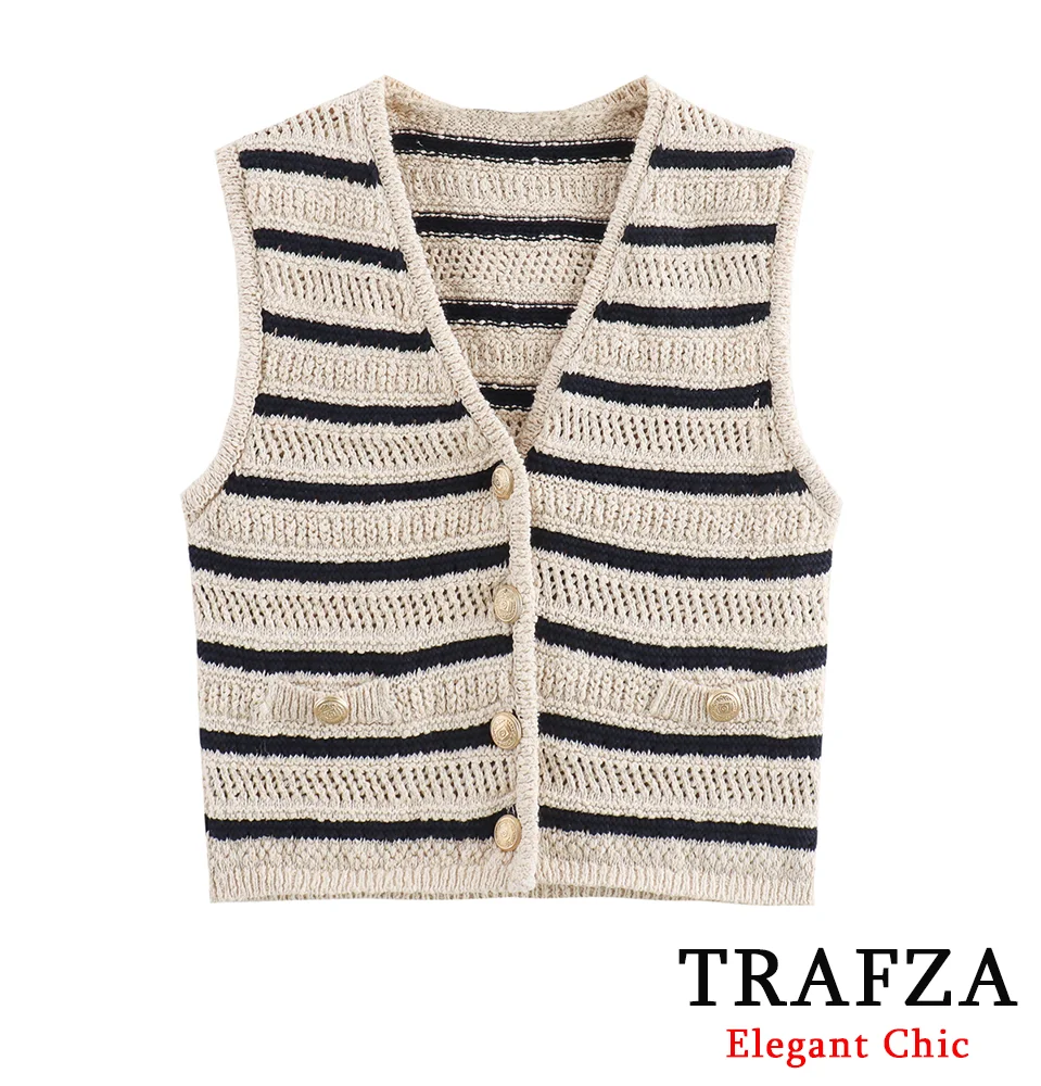 TRAFZA Casual Striped Hollow Short Knitted Vest Women's Fashionable and Versatile Summer New Products