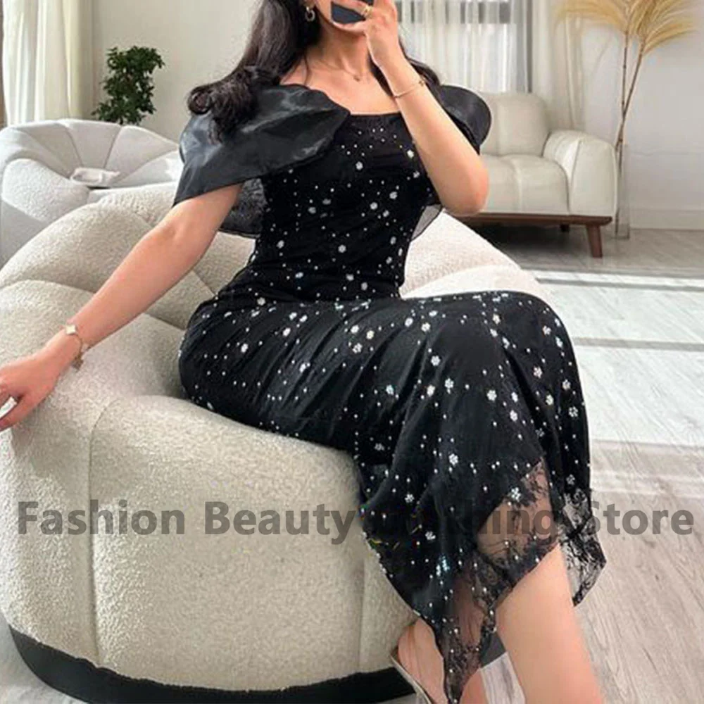 Exquisite Lace Party Gown Off The Shoulder Mermaid Strapless Saudi Arabia Women Tea-Length Vestido De Fiesta Elegante Para Mujer