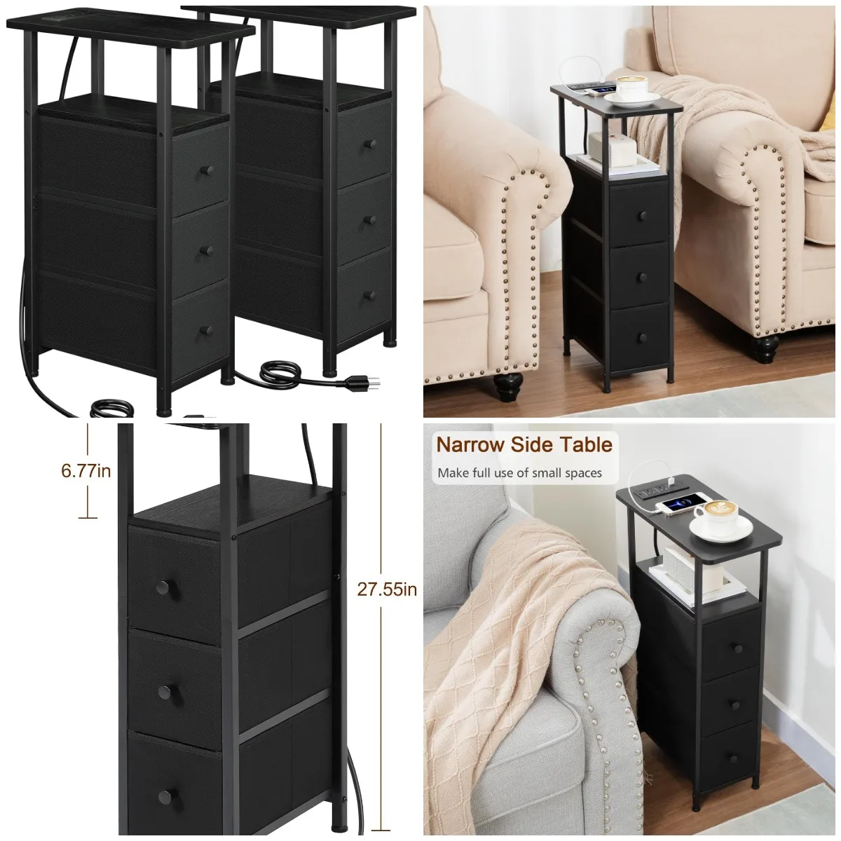 

Narrow End Tables Set of 2 with Charging Station, Slim Black Nightstand for Bedroom, Living Room, Small Spaces