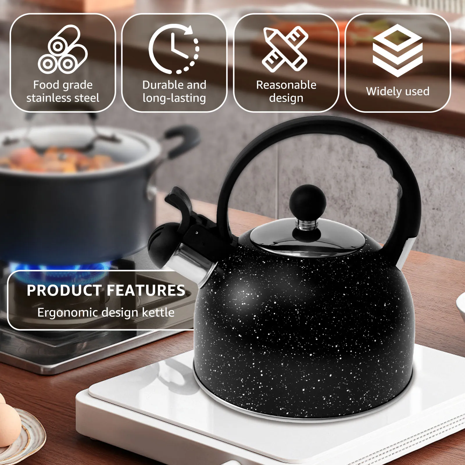 Whistling Kettle with Ergonomic Handle 2L Stove Top Kettle Stainless Steel Stove Top Tea Kettle for Gas Stove Induction Cooker