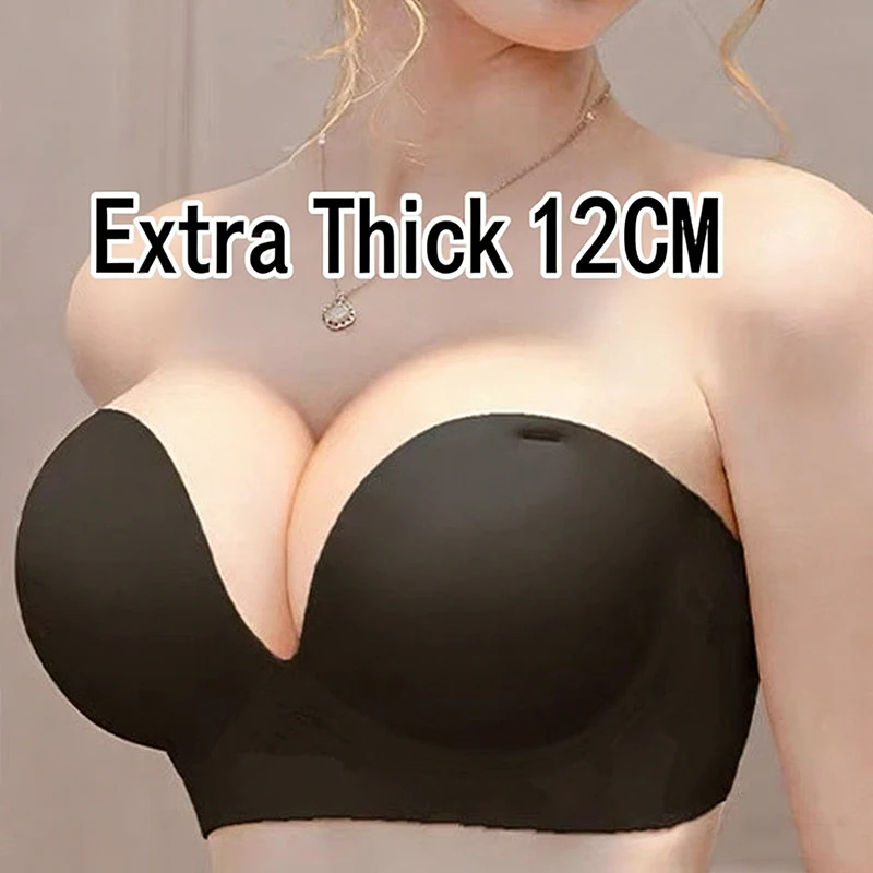 

AB Cup Non-Slip Extreme Push up Strapless Bra with Gathered Design 12cm Thick Padded Bustier Lingerie for Small Chest