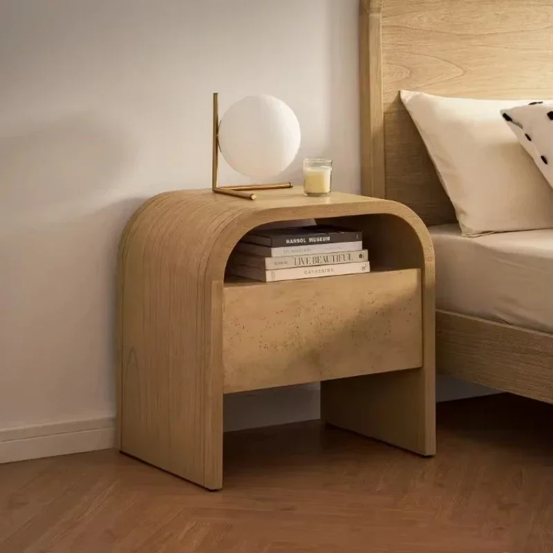 Simple style brown bedside table next to wood wooden bedside table