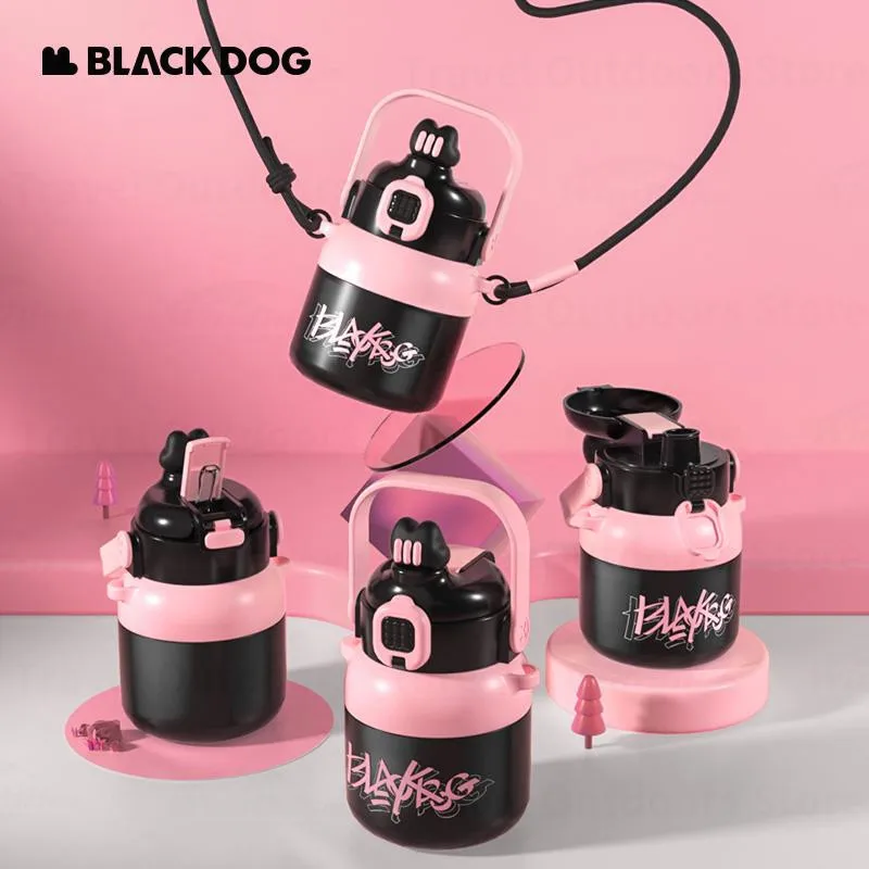 Naturehike BLACKDOG Thermal Cup 800ml Outdoor Portable Sports Water Bottle With Straw  Stainless Steel Liner Kettles Black-Pink