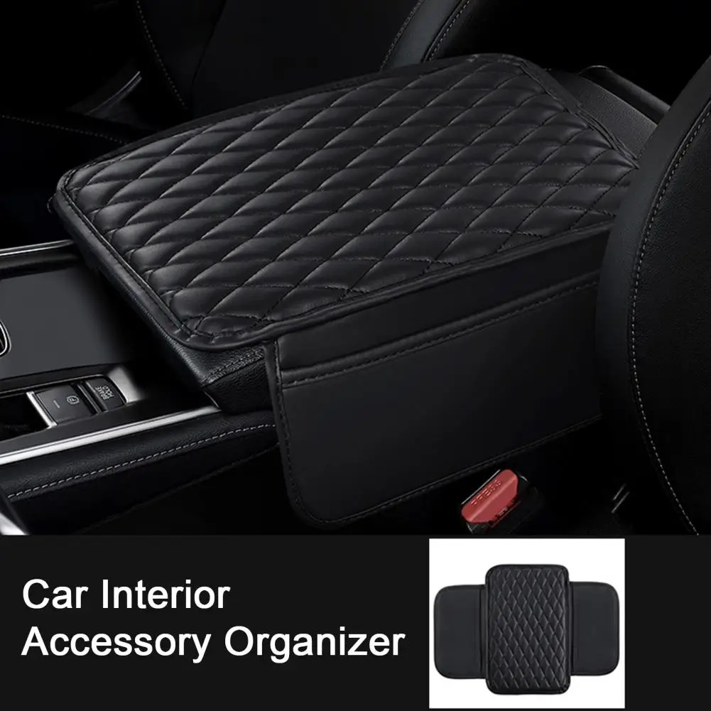 Car Armrest Mat Superfiber Leather Armrest Pad with Side Storage Pockets Car Center Console Cover Cushion Ergonomic Arm Support