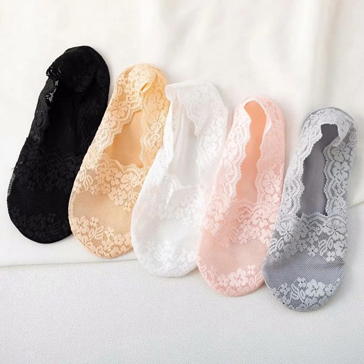 5 Pairs Women's Summer Lace Invisible Socks Boat Mesh Thin L