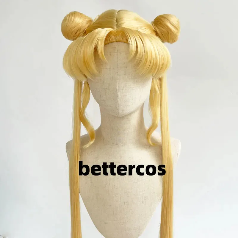 

ff34Serena Tsukino Usagi Косплей Annie 130 см Блондинка Серебристый Двойные Длинные Хвостики Термостойкие Парики из Синтетических Волос + Кепка Для Парика