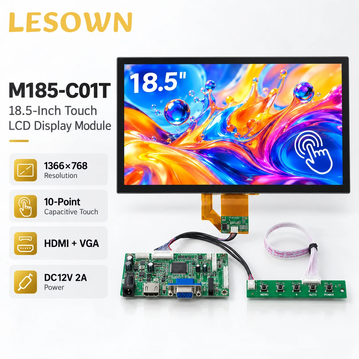 LESOWN 18.5 Inch Large Touch Screen Monitor 1366x768 Display Capacitive Panel Control Terminal HMI Screen HDTV VGA