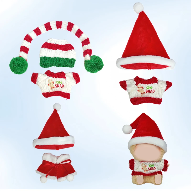 Colección de disfraces navideños de muñeca Labubu, gorro de Papá Noel, gorro a rayas con pompones, suéteres de punto, artículos de vestir para muñecas navideñas